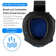 Close-up of soft skin PU earcap on Led Light Wired Gamer Headset with breathable mesh and noise reduction features