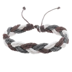 Handwoven cotton string bracelet in brown, gray, and white twisted design with adjustable closure