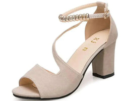 Beige suede open-toe fashion women's sandal with thick mid-heel and buckle strap