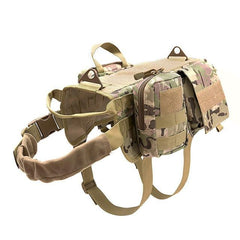 Tactical Military Dog Harness with durable camouflage design, adjustable padded straps, reinforced handle, and heavy-duty leash attachment.