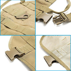 Close-up views of durable tan tactical military dog harness with adjustable buckles and padded interior.